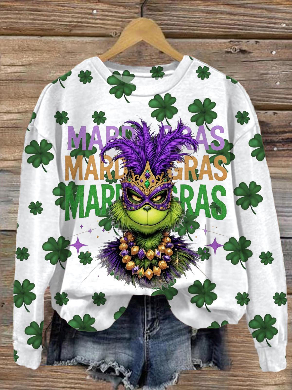 Green Monster Mardi Gras Printed Long Sleeve Casual Top