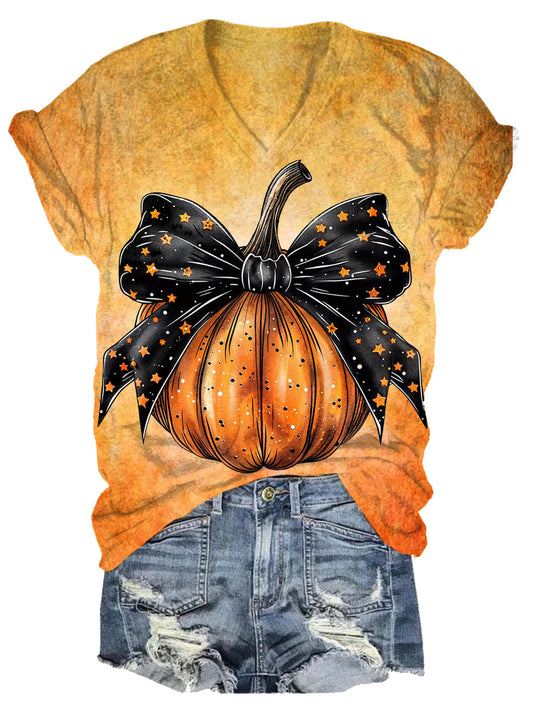 Fall Pumpkin Vintage V-Neck Short Sleeve T-Shirt