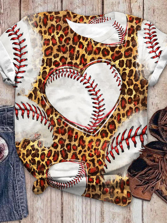 Baseball Heart Leopard Crew Neck T-shirt