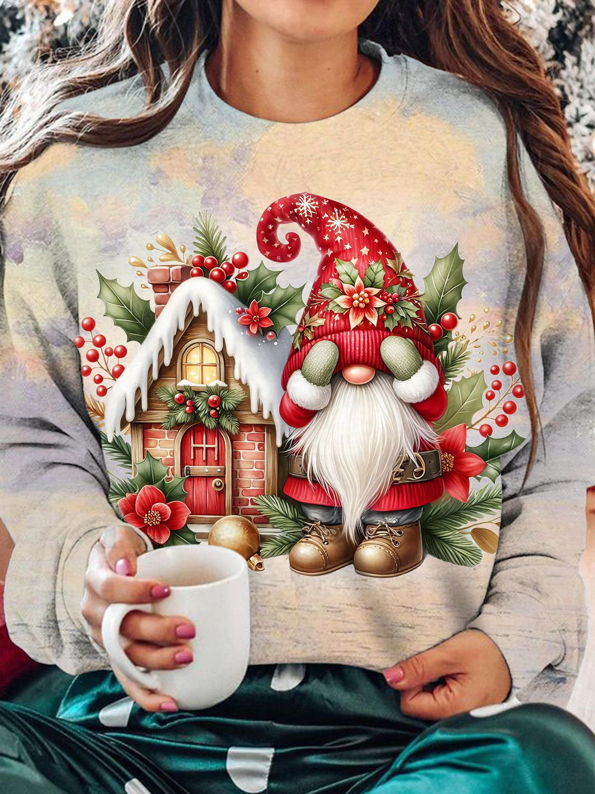 Women's Christmas Gnome Print Long Sleeve Top