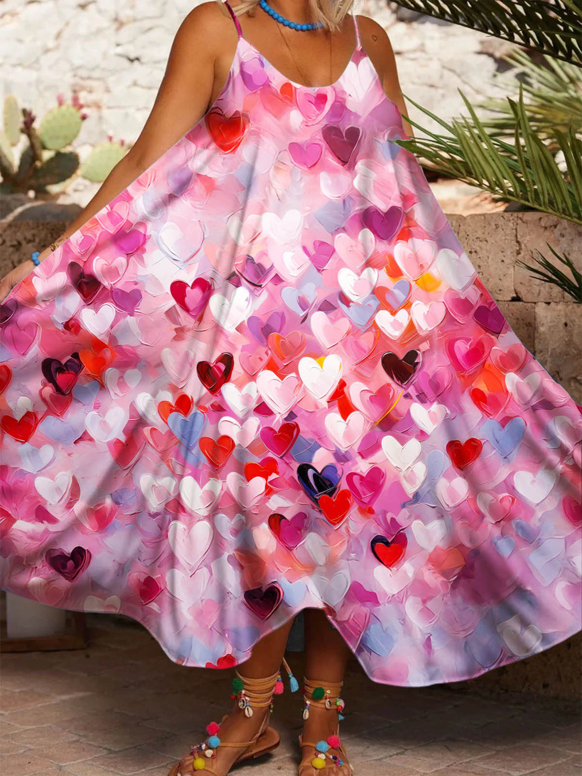 Women's Valentine Day Heart Printed Casual Spaghetti Strap Dress