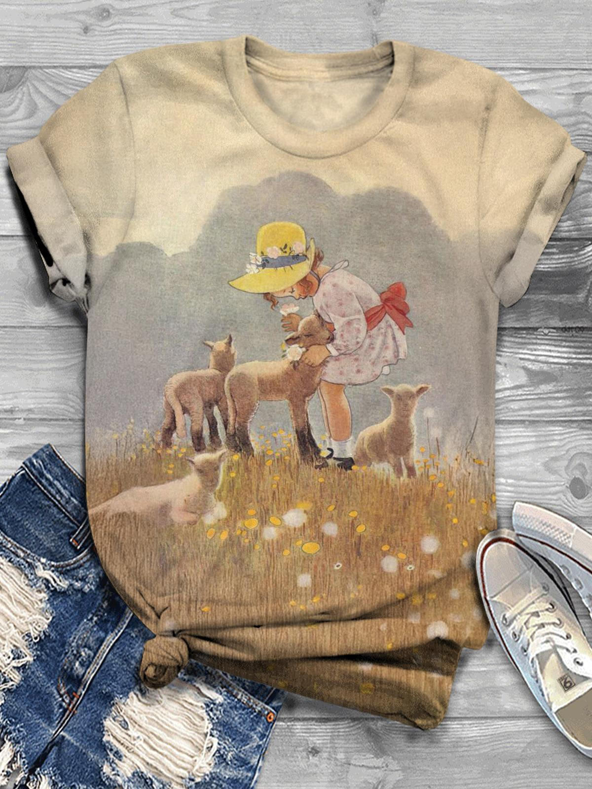 Cute Sheep Herding Girl Grassland Retro Print Casual T-shirt