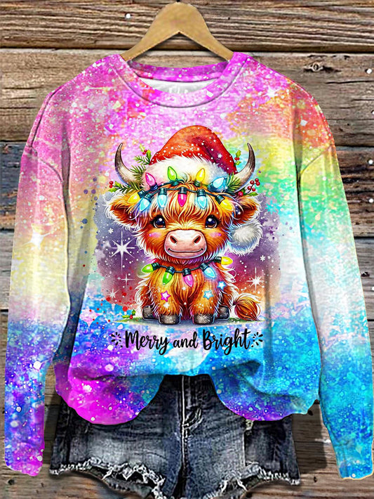 Women's Cheerful Bright Christmas Highland Cow Printed Long Sleeve Casual Top