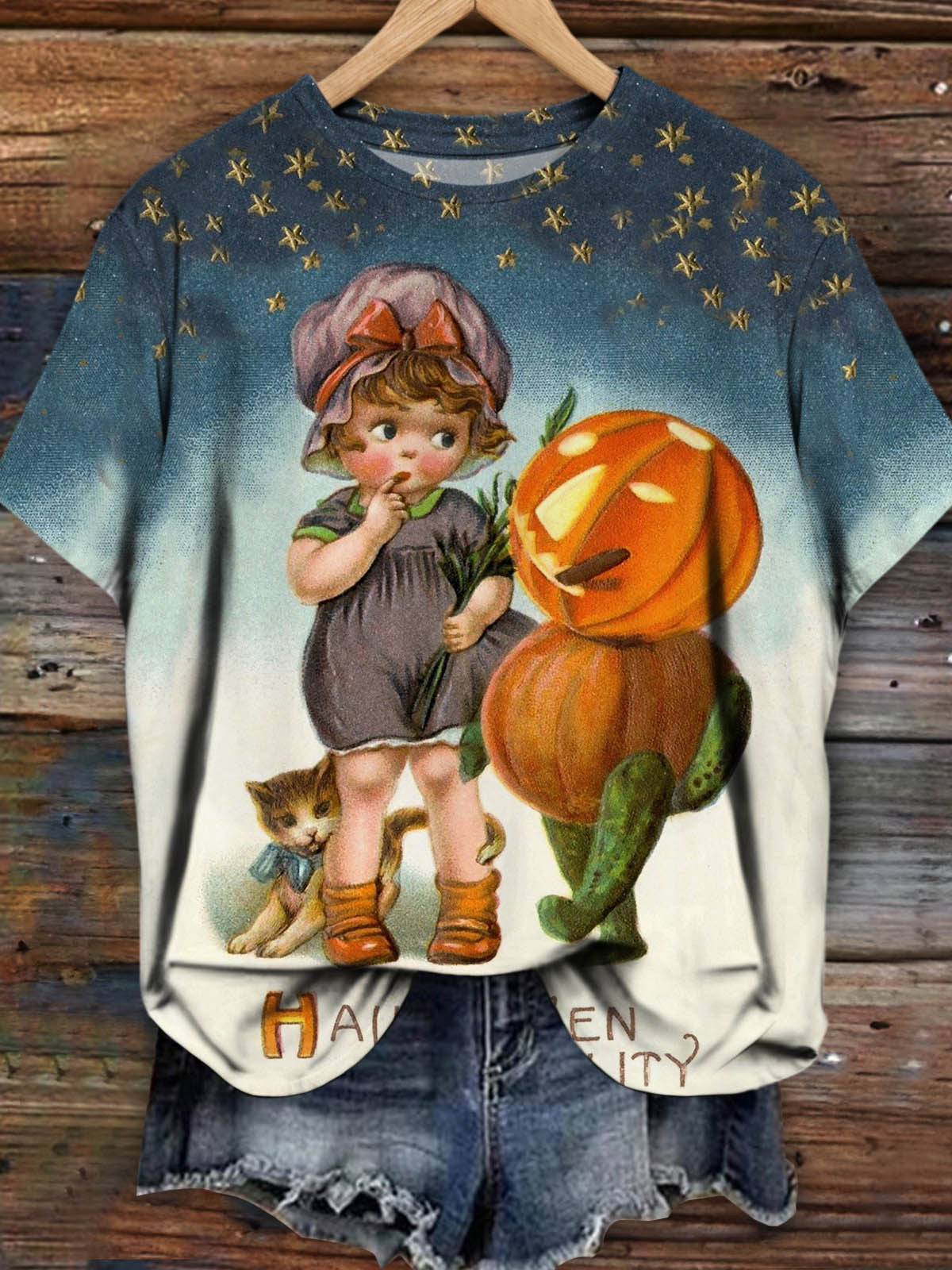 Women's Halloween Kids Pumpkin Retro Gradient Print T-Shirt