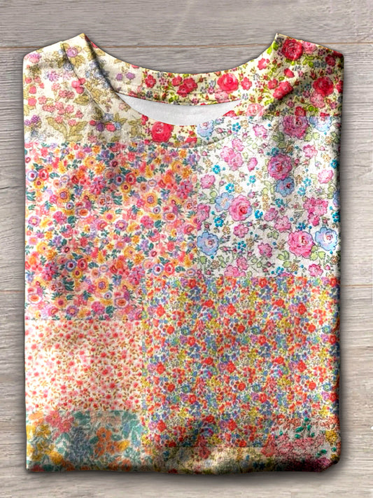 Women's Floral Patchwork Print Crew Neck T-shirt