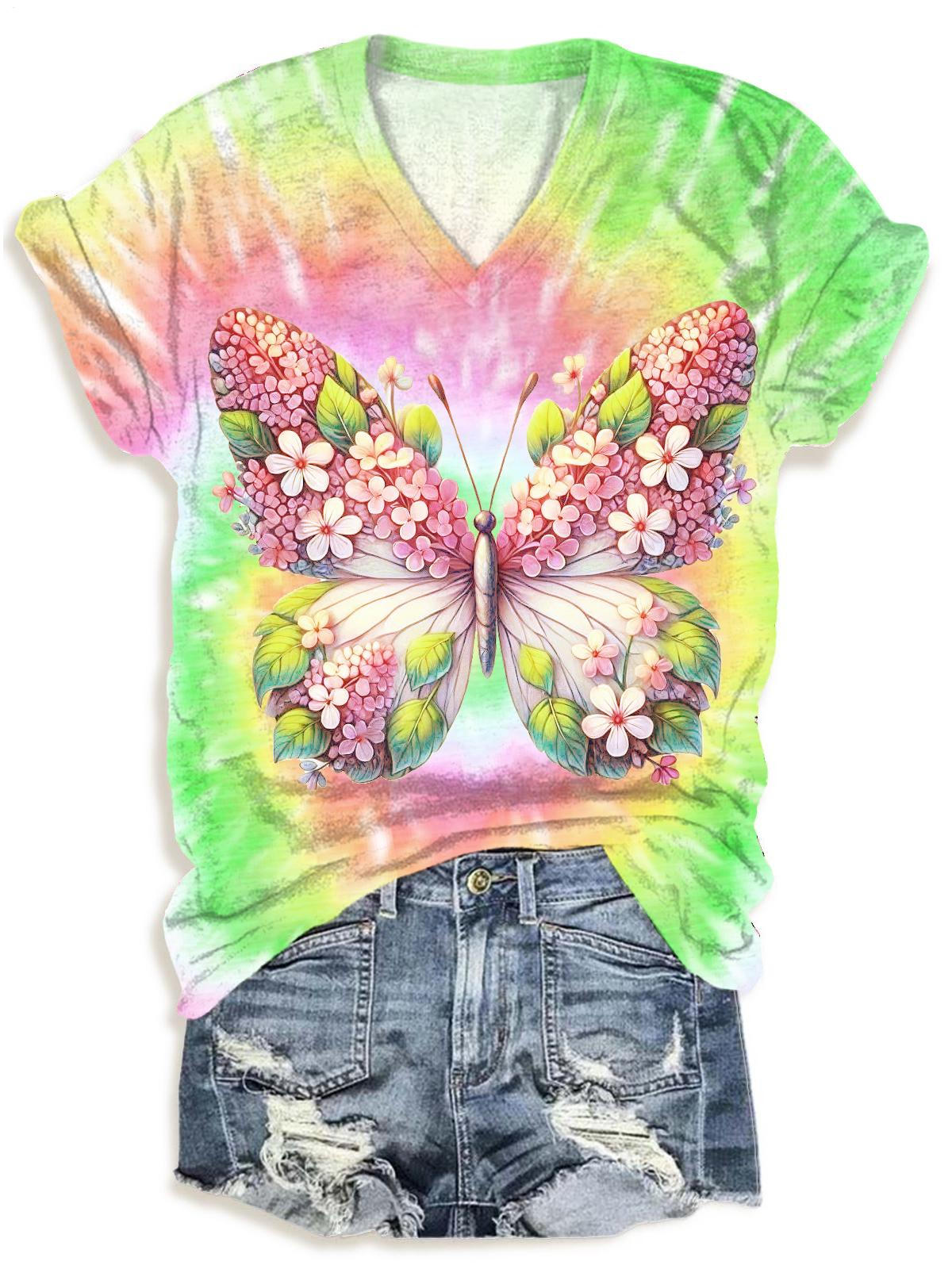 Spring Colorful Tie Dye Butterflies V-neck T-Shirt