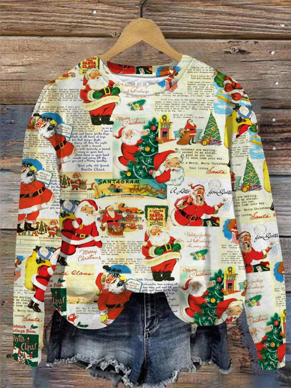 Vintage Santa Claus Print Round Neck Long Sleeve Top