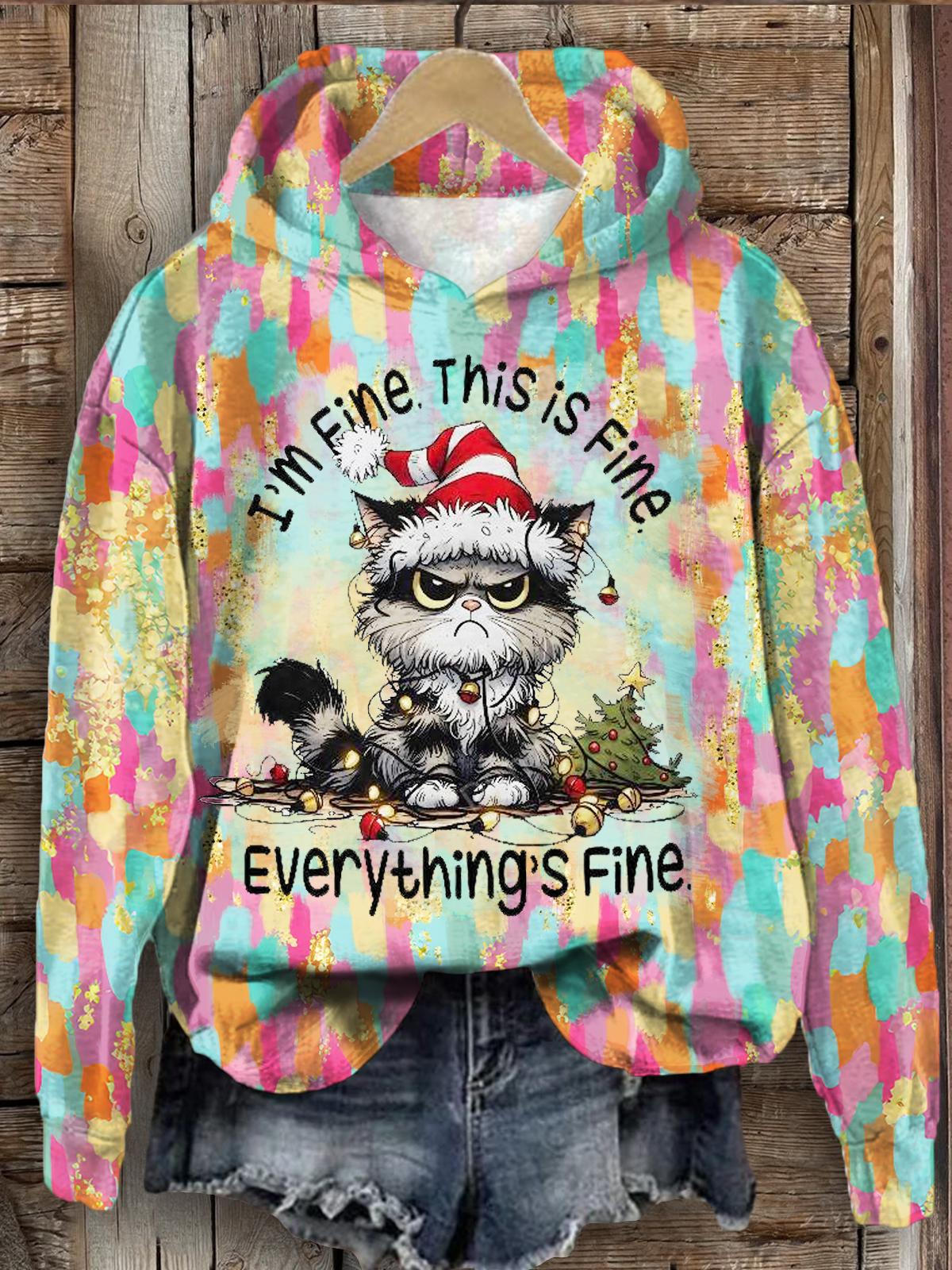 I'm Fine This Is Fine Christmas Cat Print Long Sleeve Top