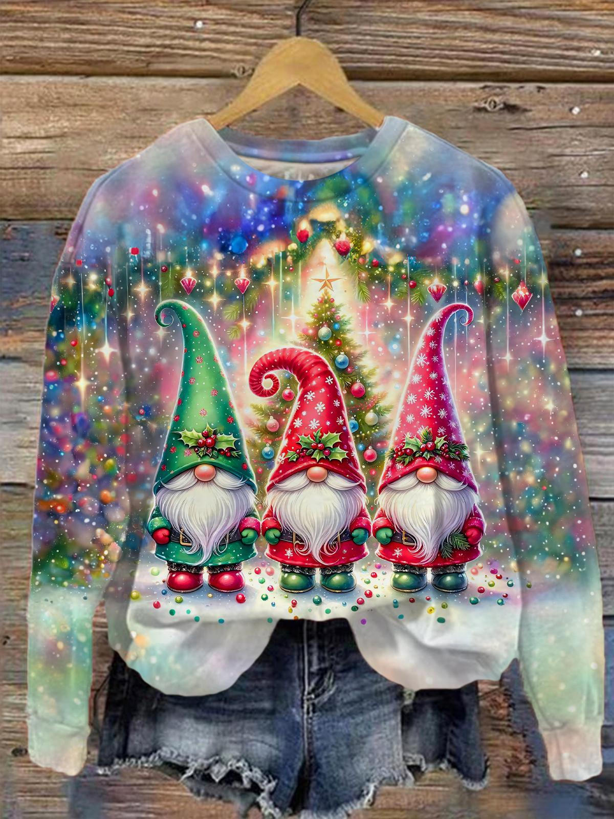 Christmas Gnome Printed Long Sleeve Casual Top