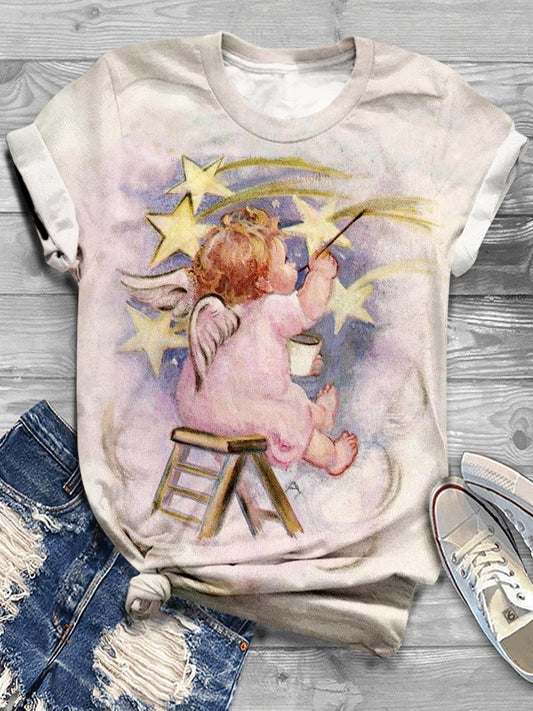 Painting Star Angel Crew Neck T-Shirt