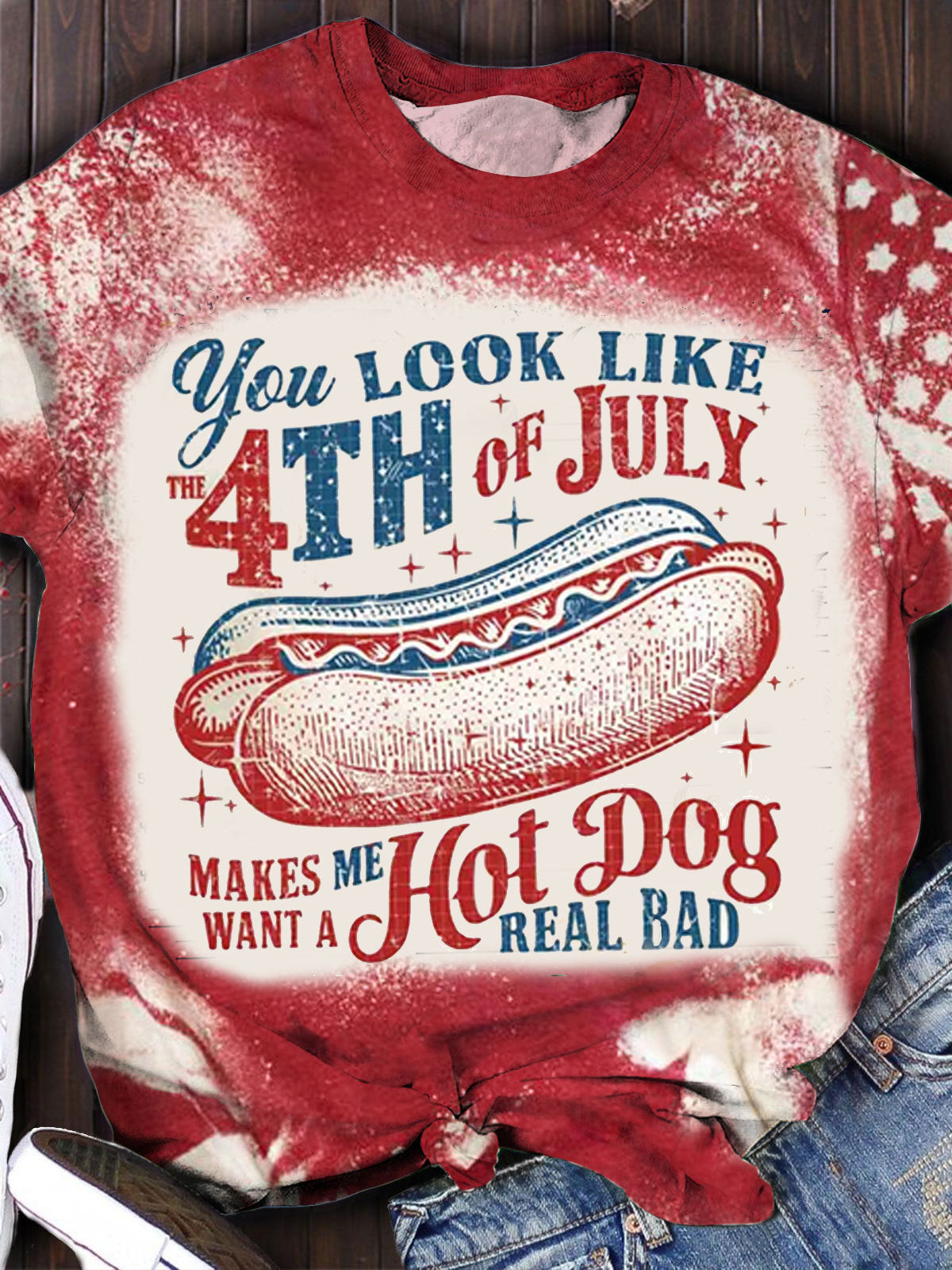 You Look Like the 4th of July PNG Retro America Hot Dog Print Crew Neck T-shirt