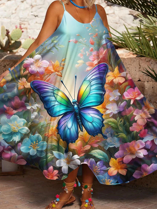 Gorgeous Floral Butterfly Printed Casual Spaghetti Strap Dress