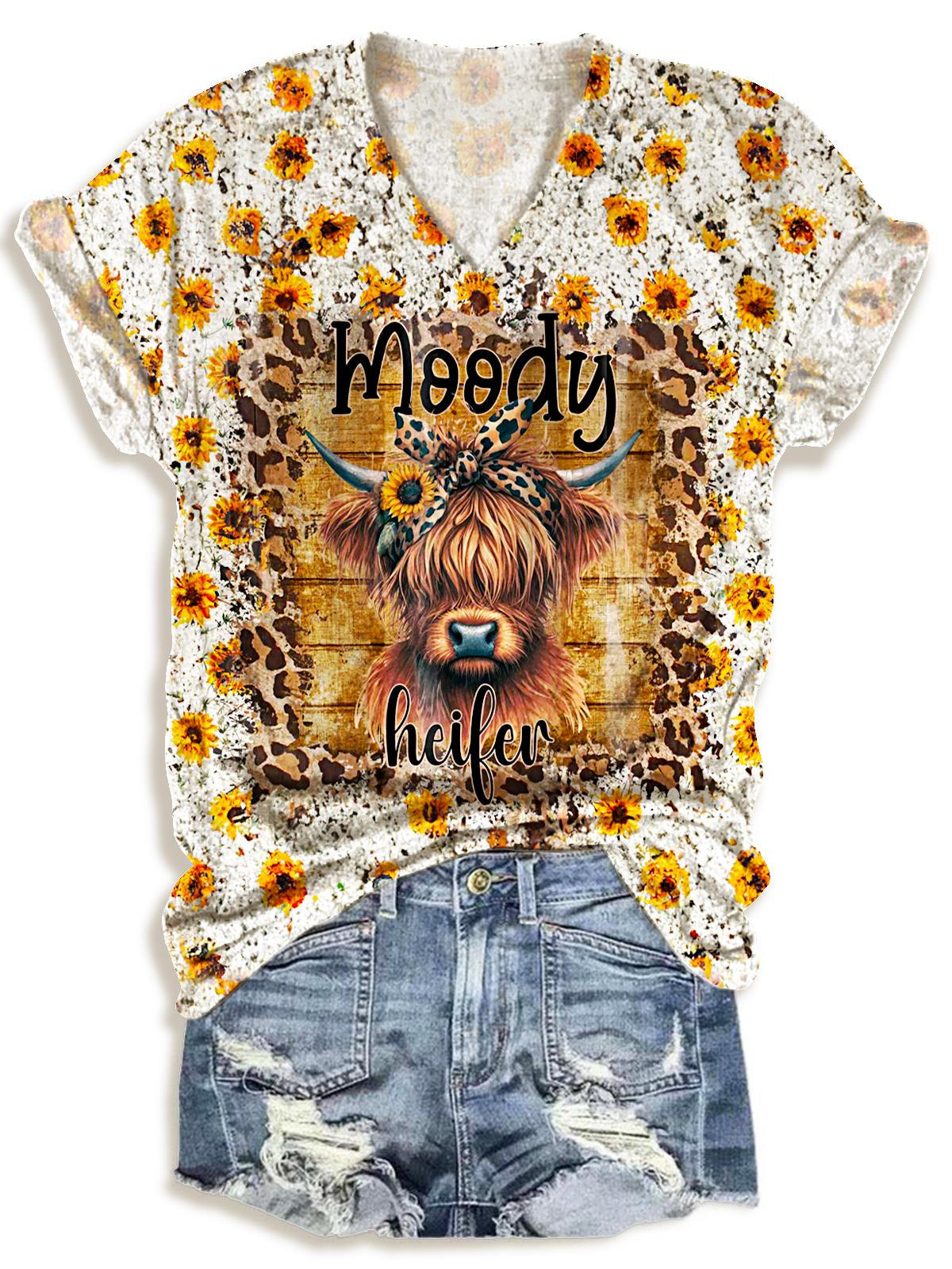 Women's Sunflower Leopard Highland Cow Print V-Neck T-Shirt