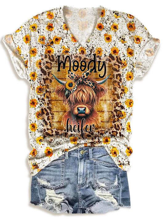 Women's Sunflower Leopard Highland Cow Print V-Neck T-Shirt