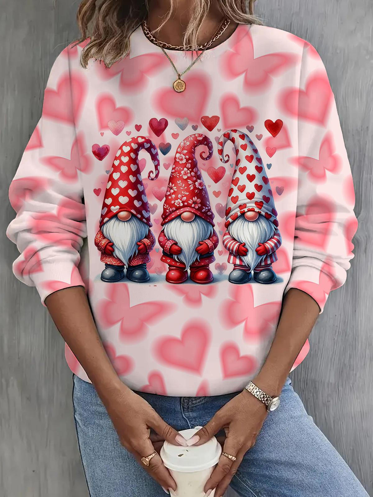 Heart Design Gnomes Printed Long Sleeve Casual Top