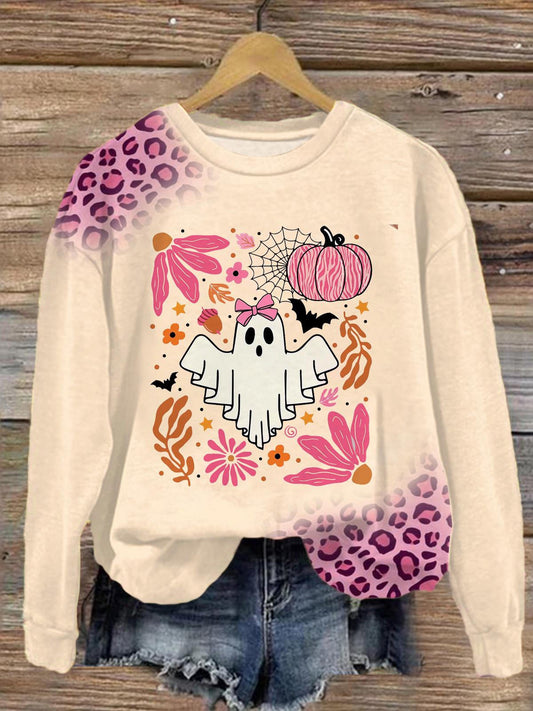 Women's Retro Floral Ghost Halloween Round Neck Long Sleeve Top