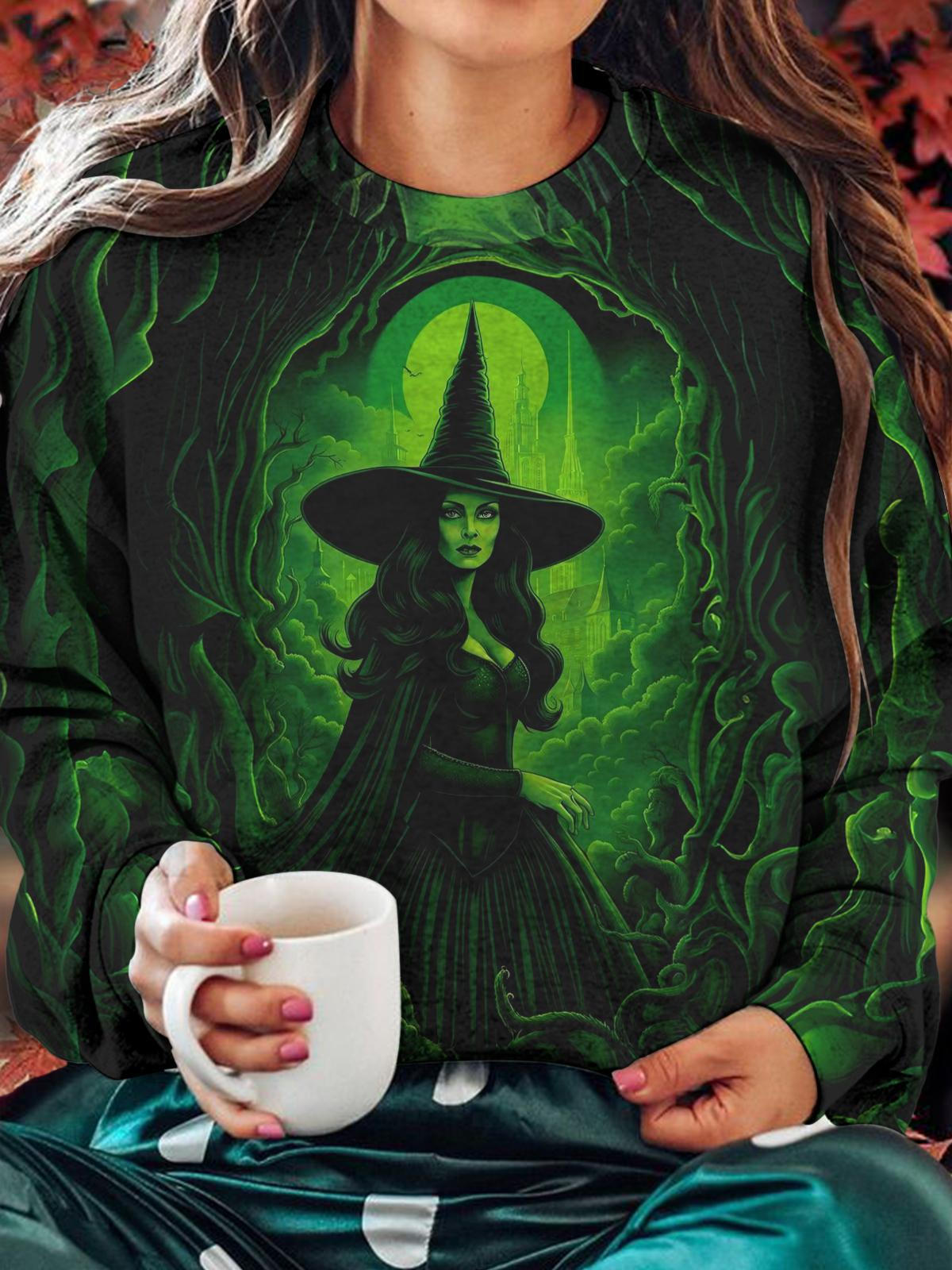 Green Witch Printed Long Sleeve Casual Top