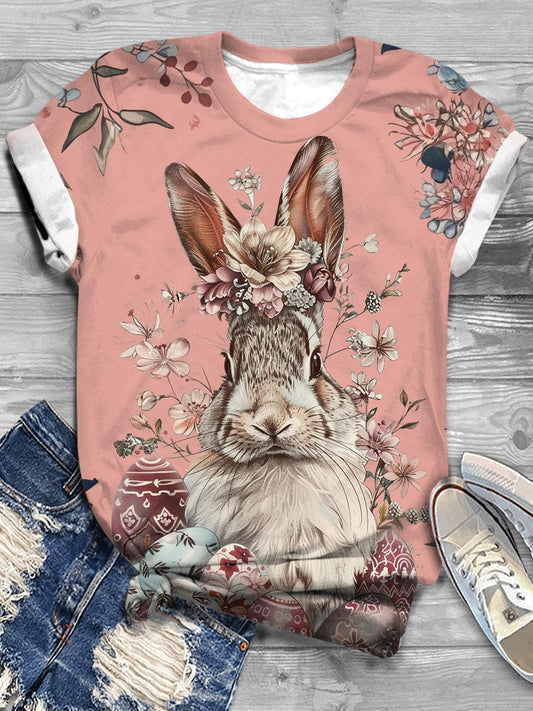 Women's Vintage Rabbit Floral Print Crew Neck T-shirt