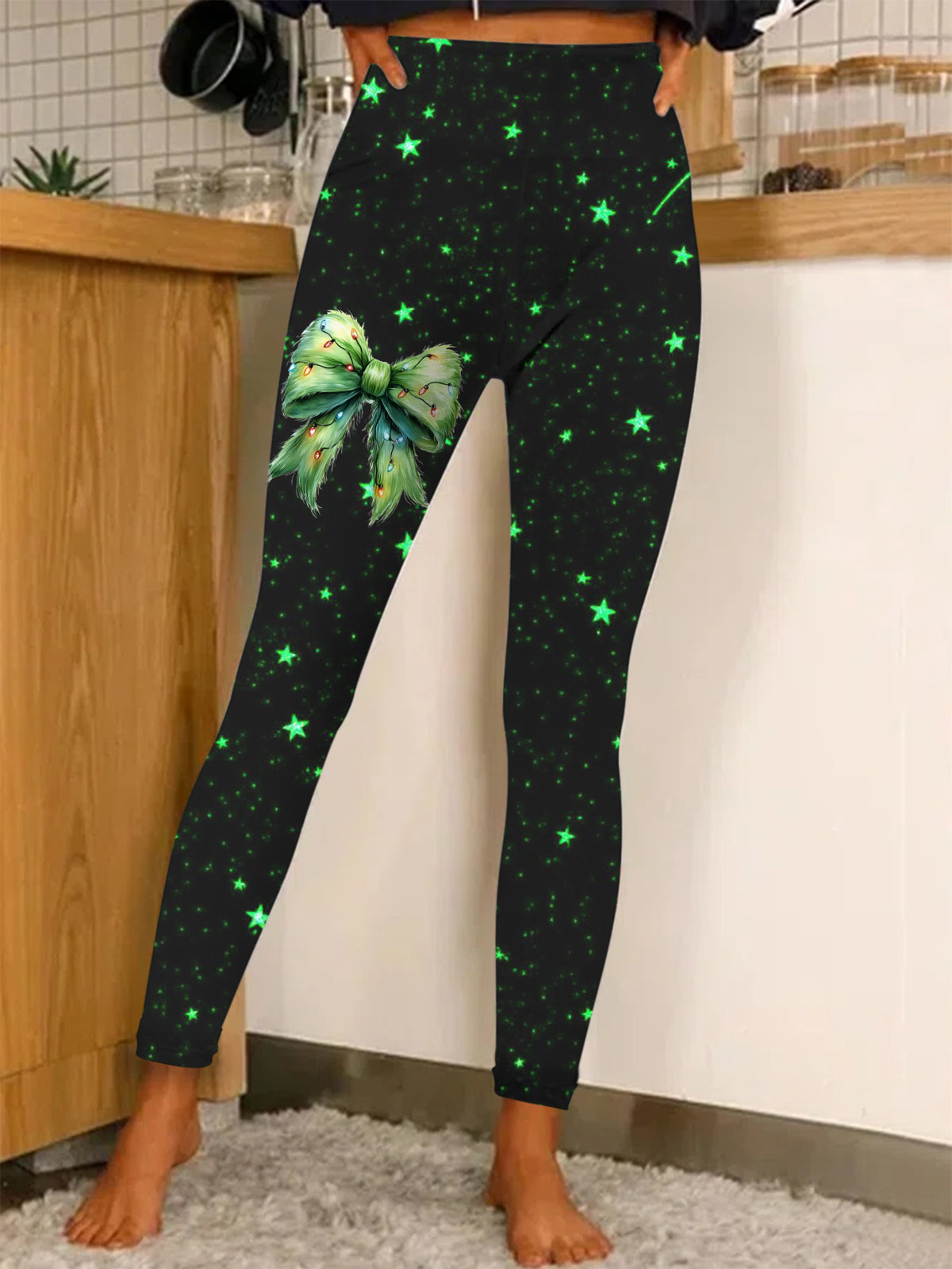 Green Shiny Bow Print Leggings