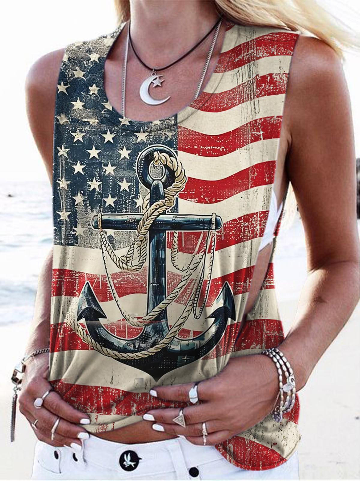 American Flag Anchor Print Casual Tank Top