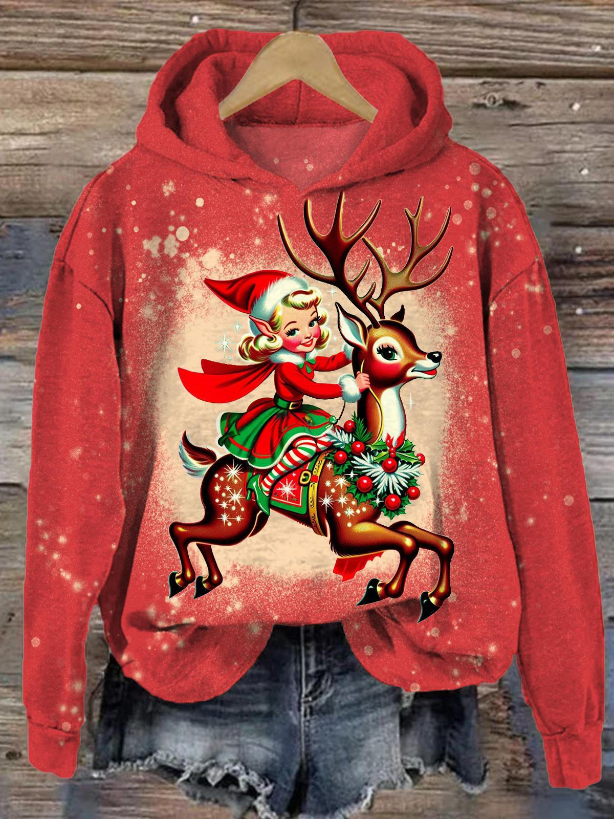 Women's Christmas Elk Girls Vintage Hooded Casual Long Sleeve Top