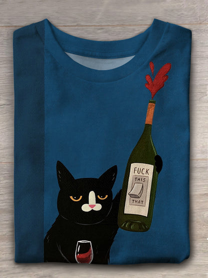 Funny Red Wine Black Cat T-shirt