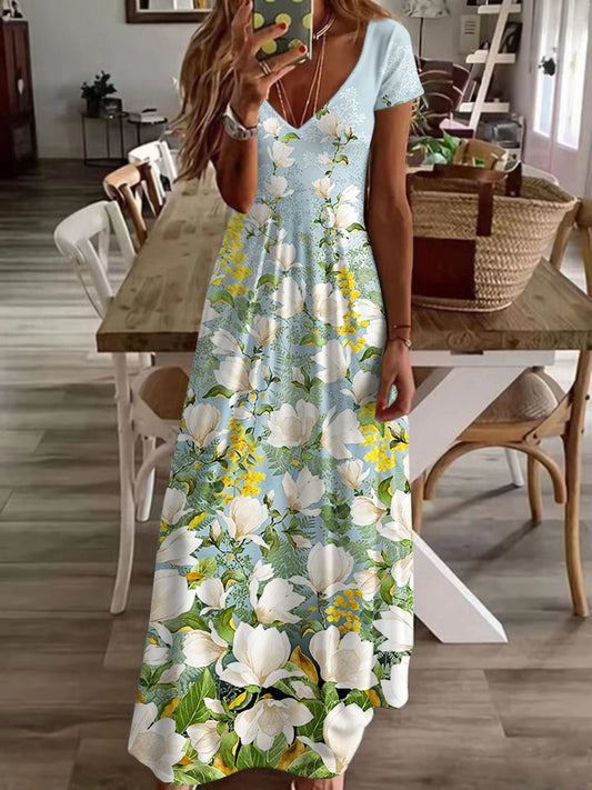 White Flower Printed Short Sleeve V Neck Maxi Dress