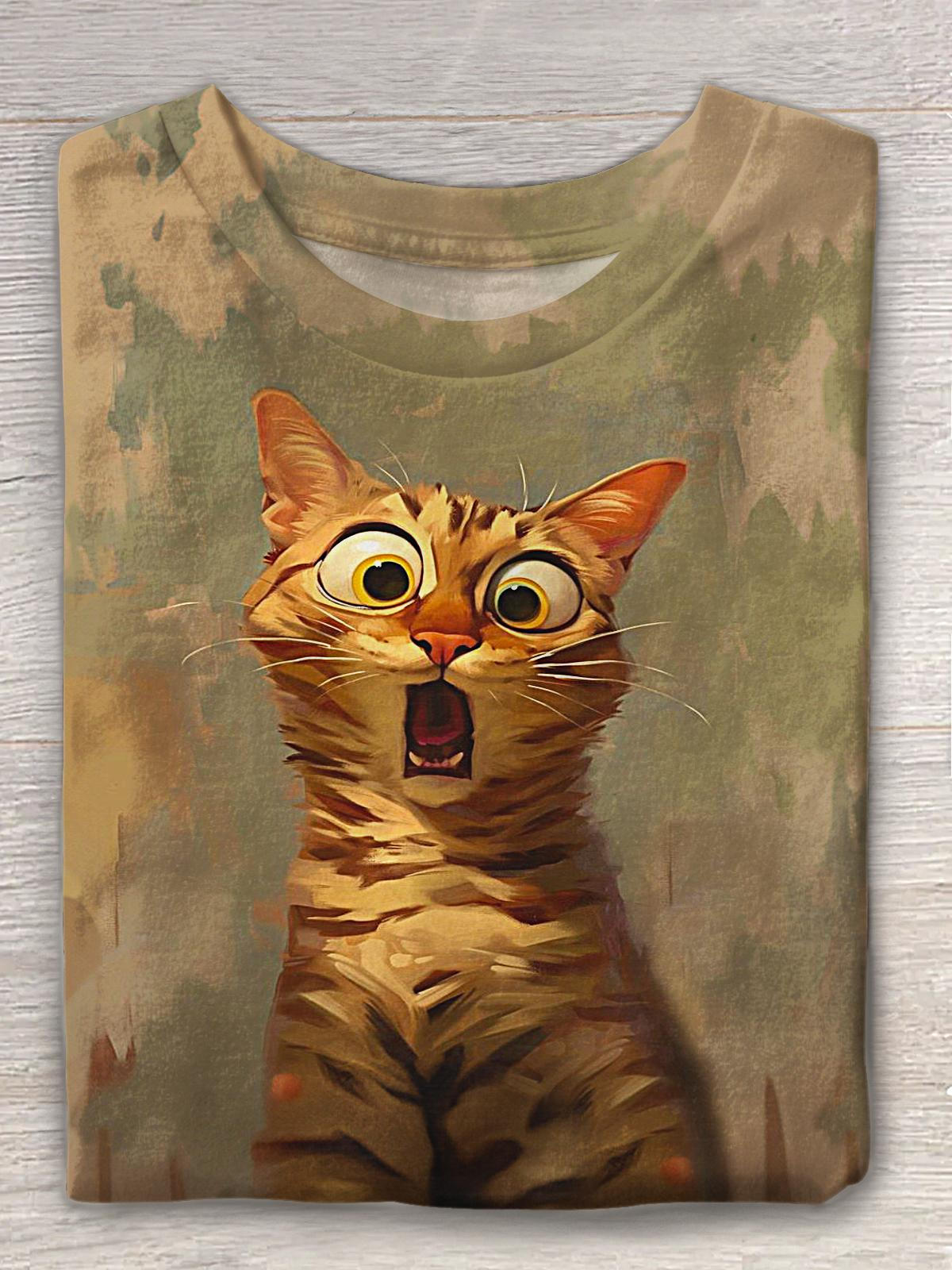 Women's Surprised Cute Kitten Print Crew Neck T-shirt