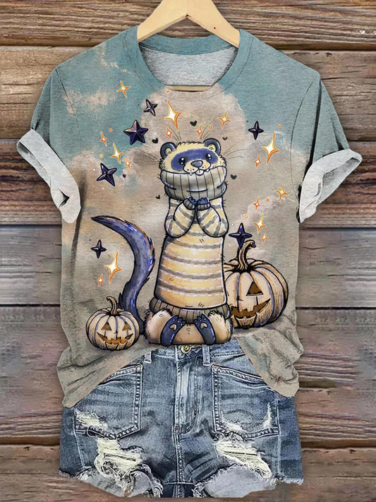 Women's Halloween Raccoon Pumpkin Retro Print Casual Crew Neck T-Shirt