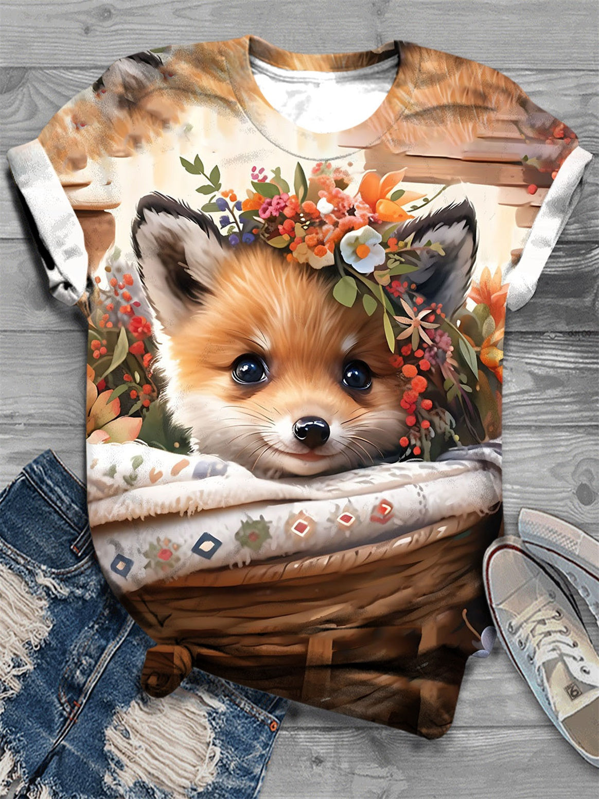 Christmas Cute Baby Fox Crew Neck T-Shirt