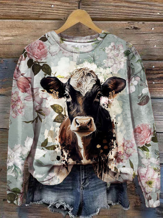 Women's Cow Art Floral Vintage Print Long Sleeve Top