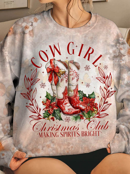 Cow Girl Christmas Club Vintage Print Long Sleeve Top