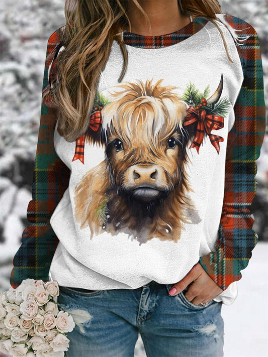 Checked Highland Cow Print Raglan Sleeve Top