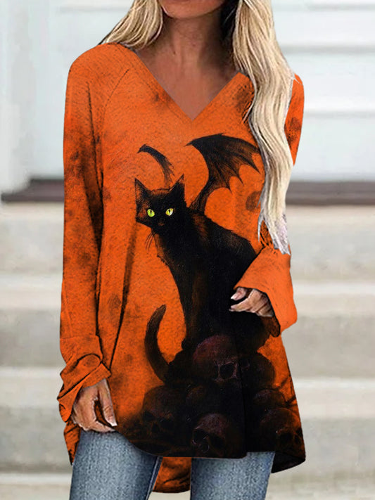 Women's Halloween Cat Ghost Print Long Sleeve Casual Top