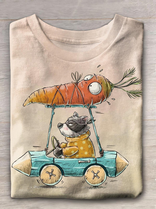 Cute Bear Robber Carrot Vintage Print Casual T-shirt