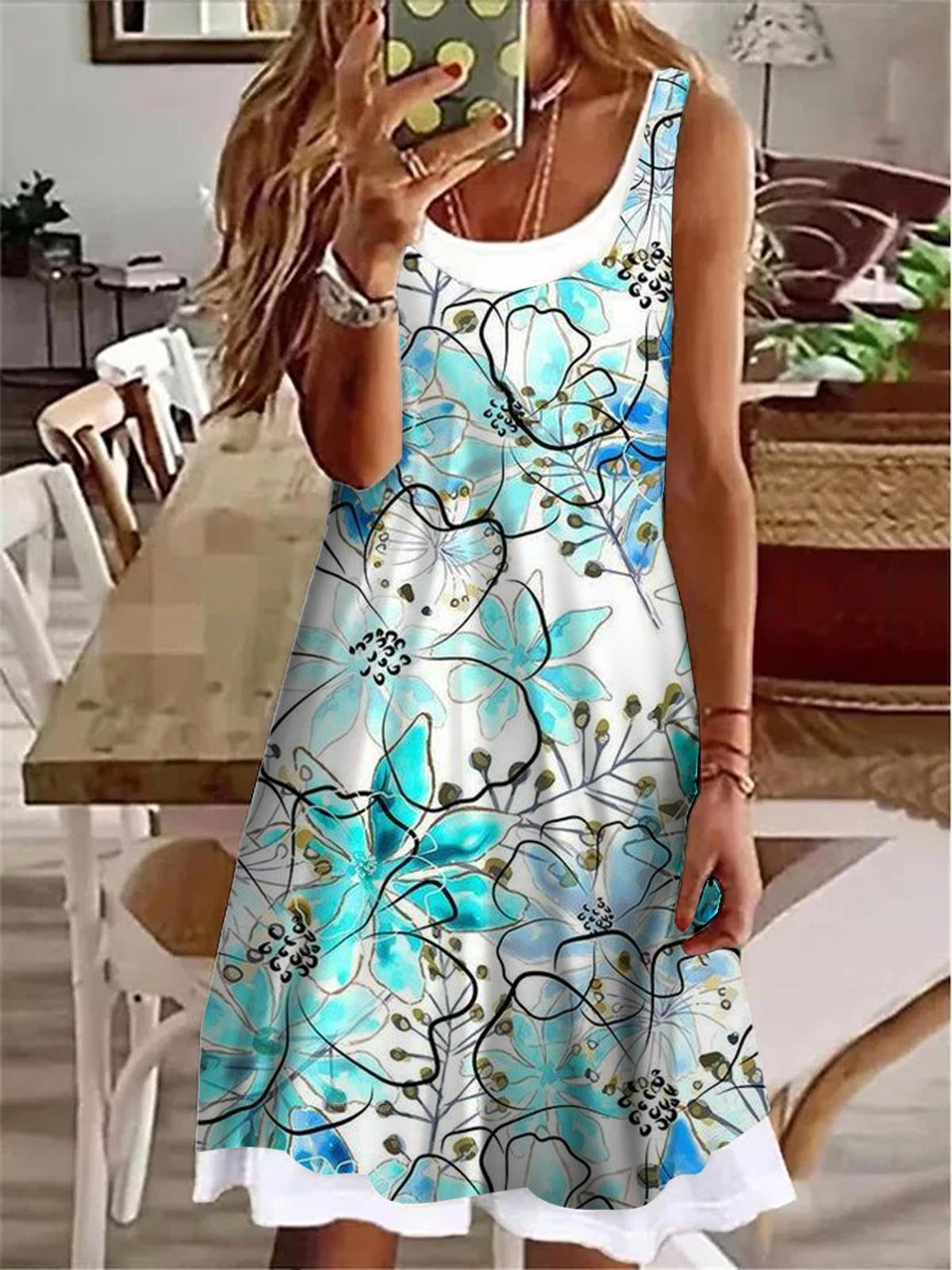 Blue Floral Print Ladies False Two Dress