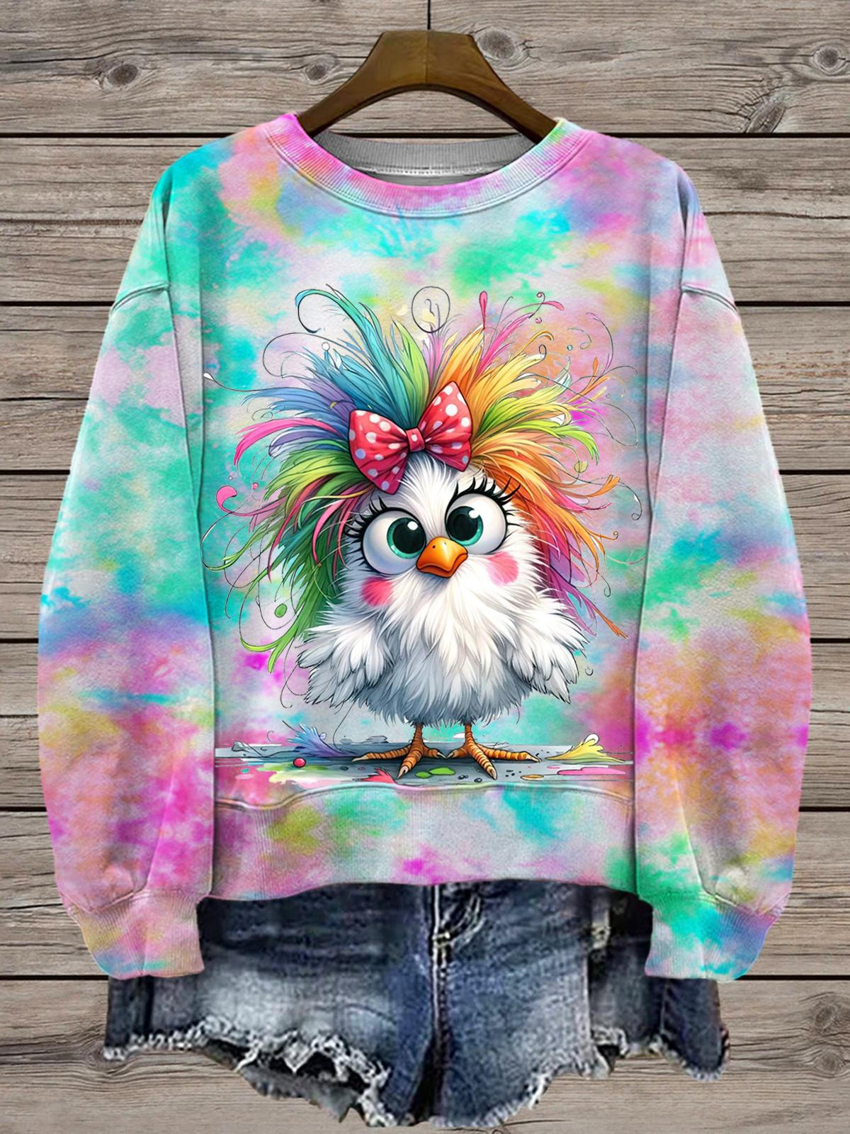 Cute Chick Tie Dye Print Printed Long Sleeve Casual Top