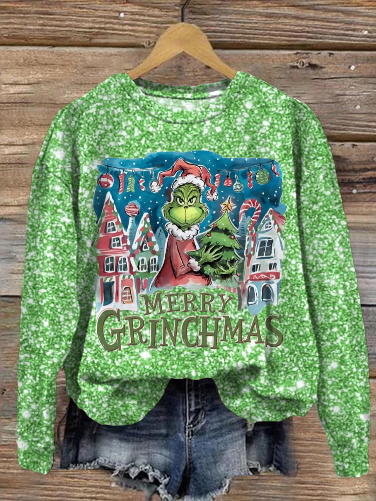 Green Monster With Christmas Tree Crew Neck Casual Sweatshirt