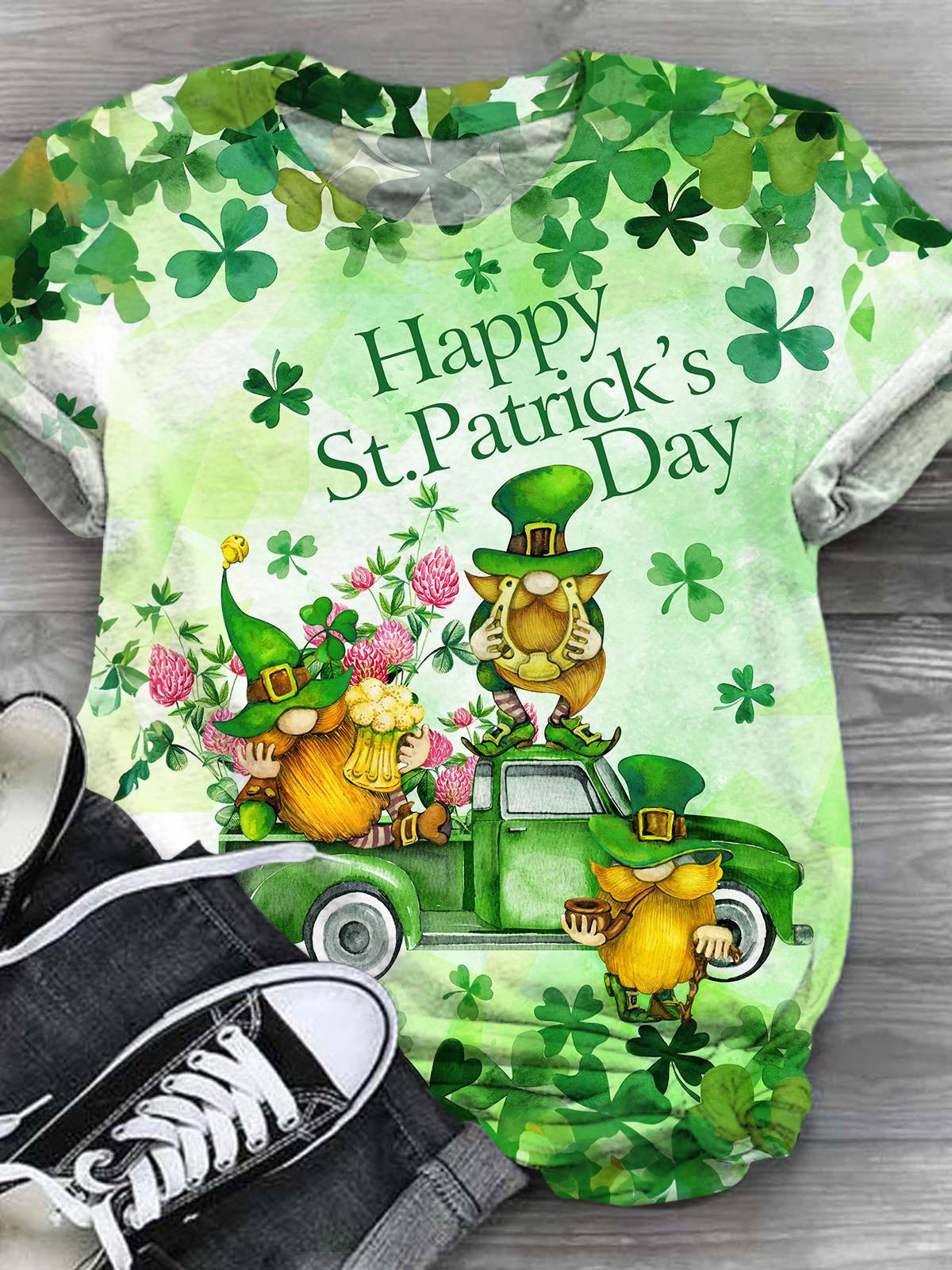 St. Patrick's Day Gnome Print Crew Neck T-shirt