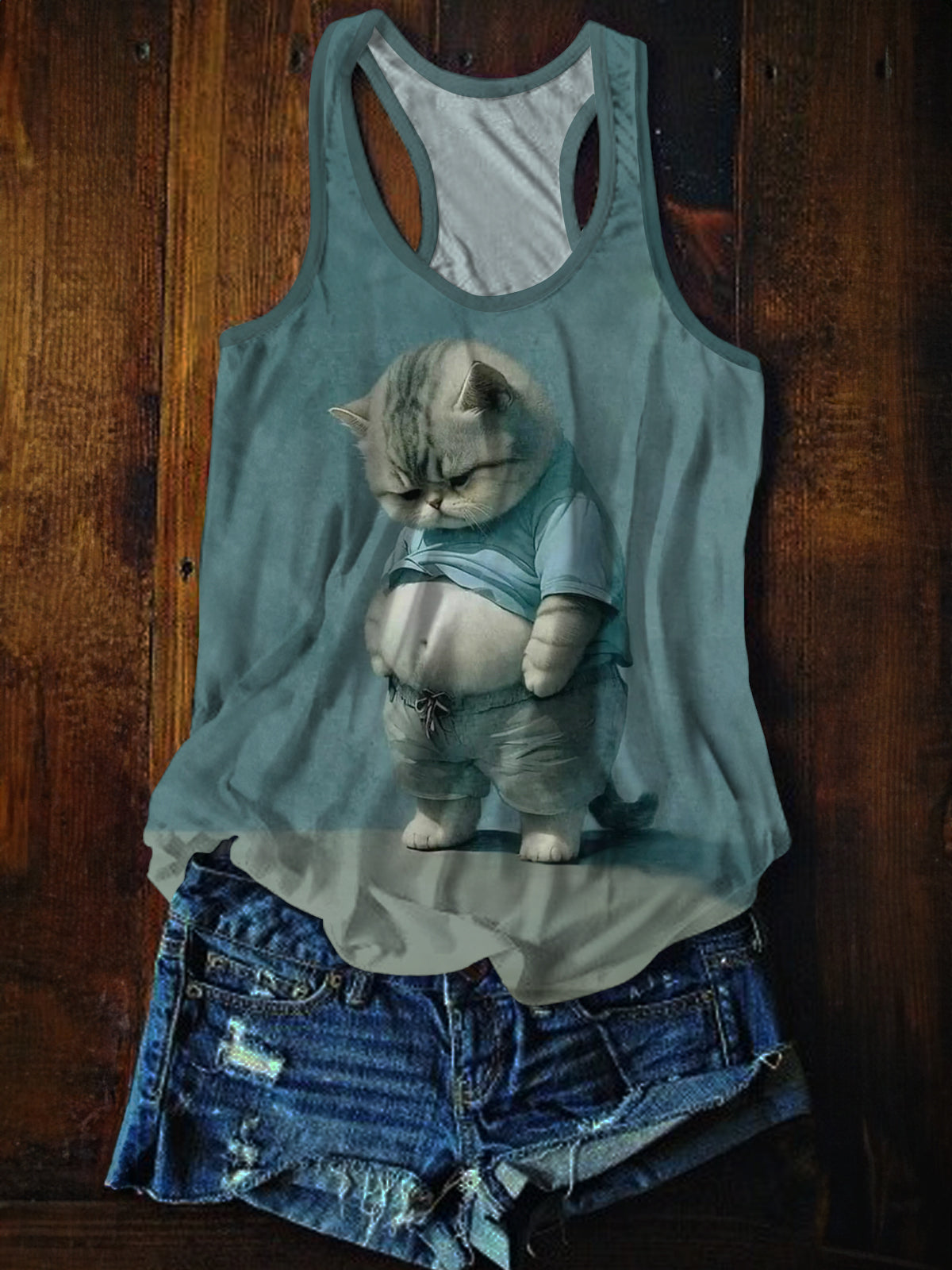 Funny Fat Cat Art Printed Casual Tank Top