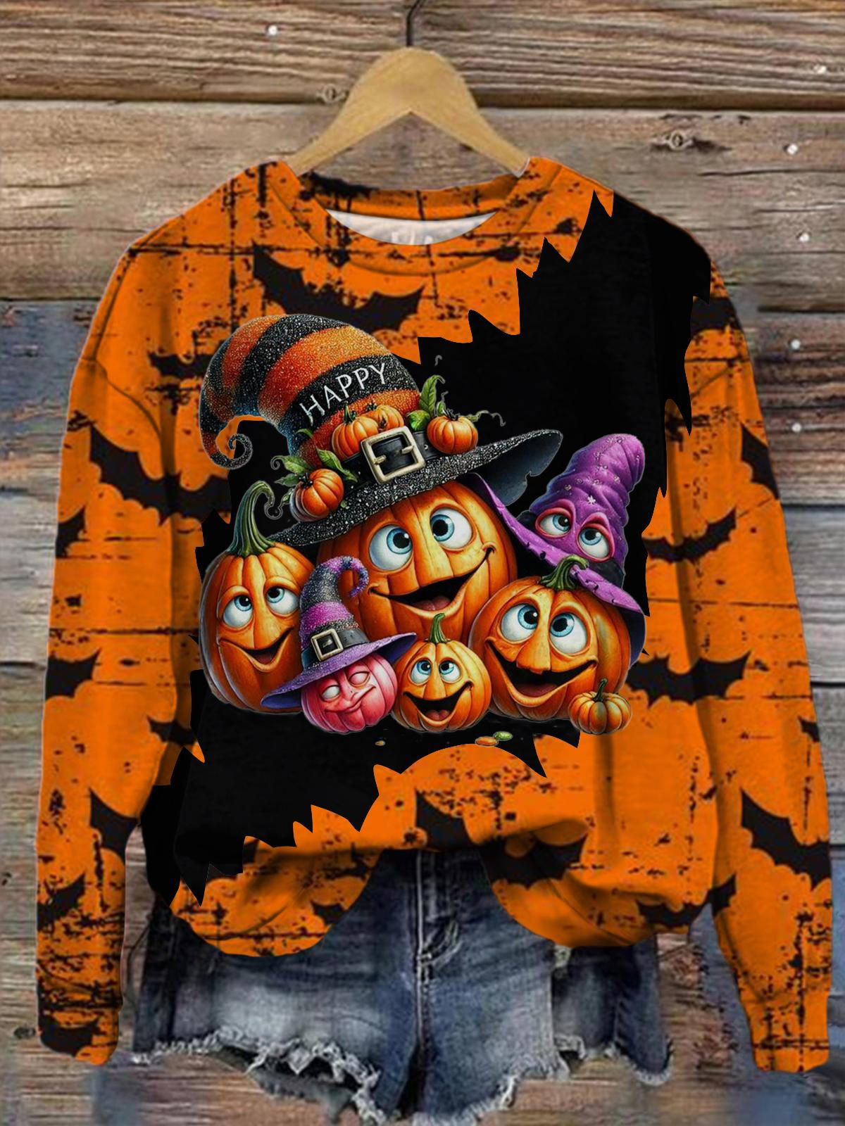 Women's Halloween Pumpkin Monster Crack Bat Fun Print Top