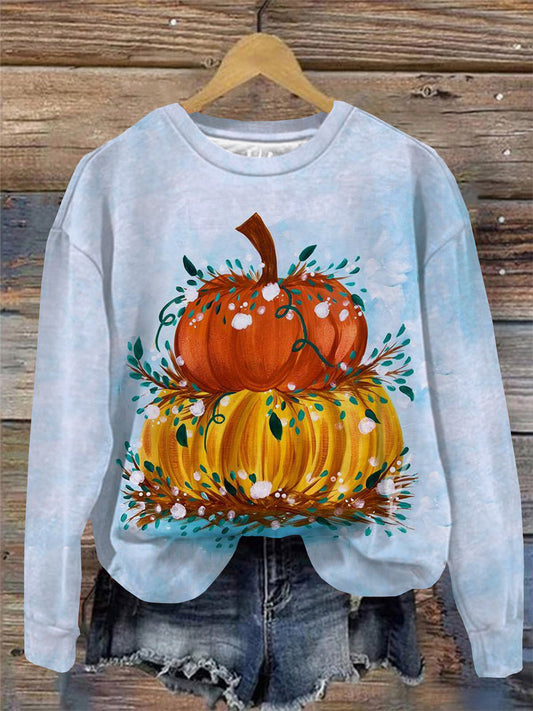 Pumpkin Print Round Neck Long Sleeve Top