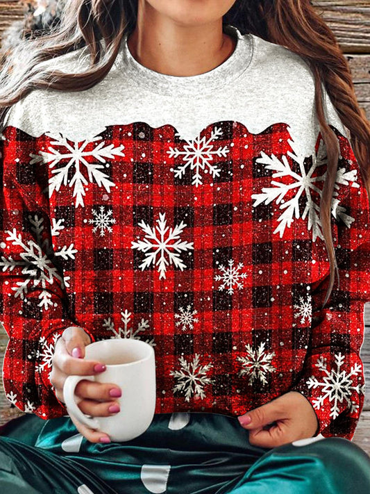 Women's Christmas Red And Black Plaid Print Printed Long Sleeve Casual Top