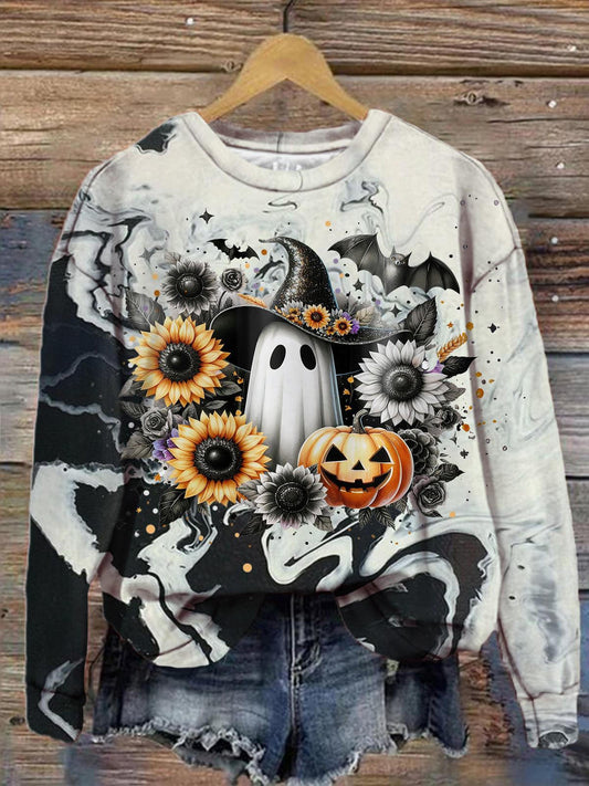 Women's Fall Halloween Pumpkin Elf Marble Print Long Sleeve Top