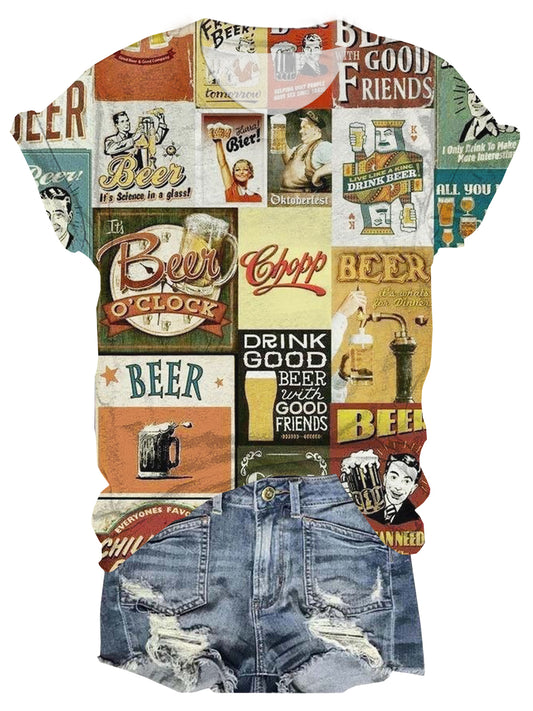 Vintage Beer Illustrated Crew Neck T-shirt