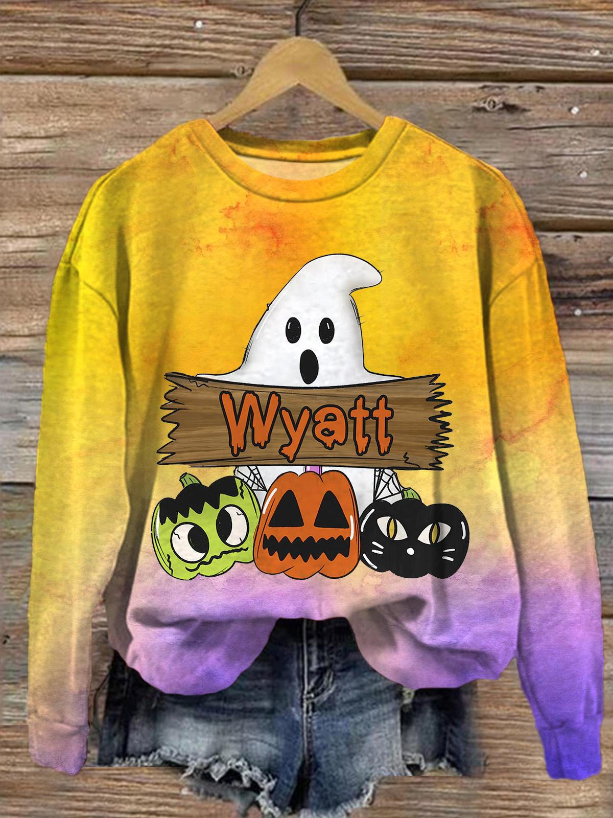 Women's Happy Halloween Ghost Round Neck Long Sleeve Top