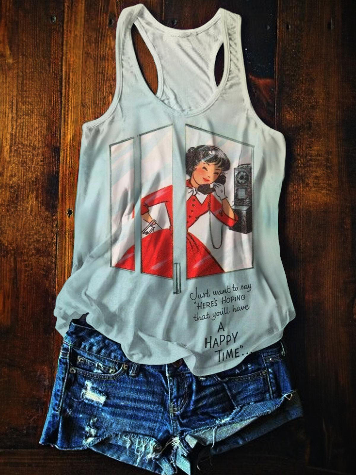 Vintage Hoping You Have A Happy Time Printed Casual Tank Top