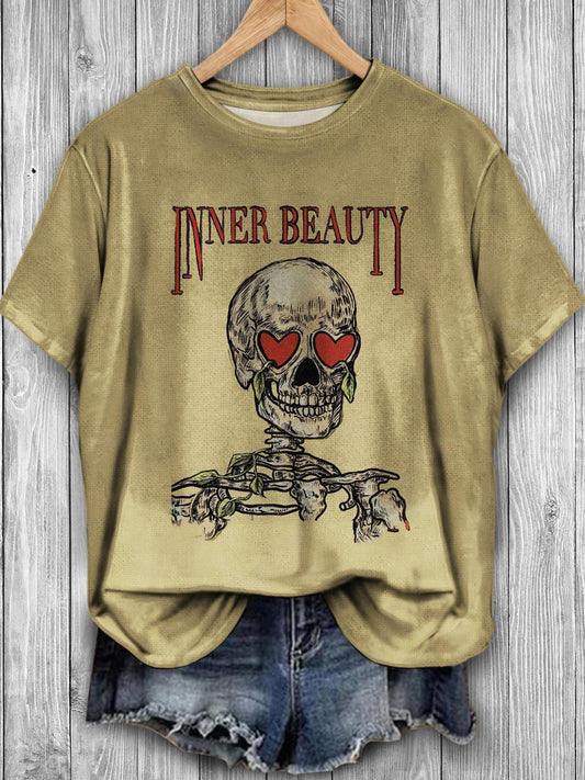 Inner Beauty Skull Valentine's Day Retro Print Casual T-shirt