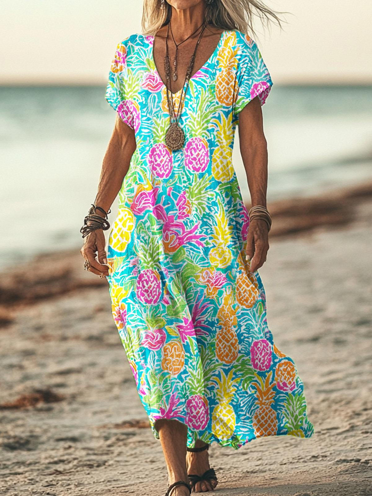 Refreshing Pineapple Print V-neck short-sleeved long dress