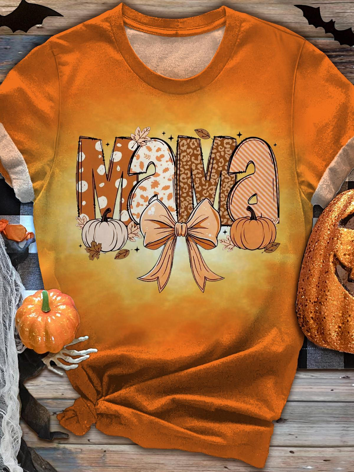 Women's Autumn Mom Pumpkin Print Crew Neck T-shirt